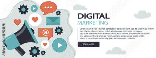 Digital marketing concept. Advertising and promoting. Flat vector illustration website banner. Online marketing specialist