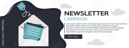 Flat design concept of regularly distributed news publication via e-mail with some topics of interest to its subscribers. Flat vector illustration. Newsletter concept. Website banner