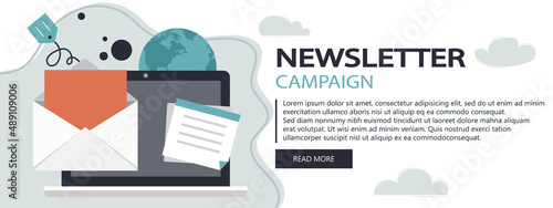 Flat design concept of regularly distributed news publication via e-mail with some topics of interest to its subscribers. Flat vector illustration. Newsletter concept. Website banner