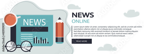Vector illustration. Flat header. Online news banner. Newsletter and information. Business and market news. Financial report and coffee on wooden table	