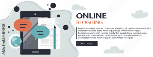 Blogging and journalism concept. Write you story. Tablet with chatting speech bubble and paper. Flat vector design