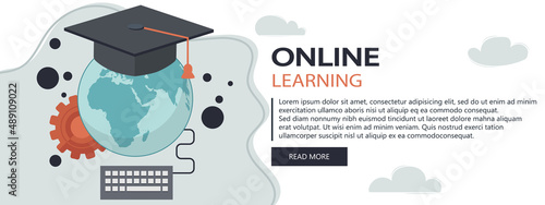 Education, training, on line tutorial, e-learning concept. Laptop with video on line training on the screen, with icons. Flat vector illustration. Website banner