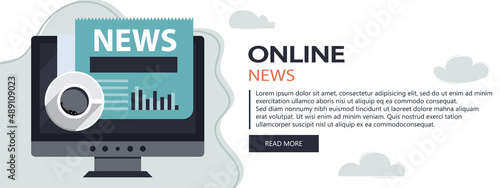 Vector illustration. Flat header. Online news banner. Newsletter and information. Business and market news. Financial report and coffee on wooden table	