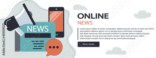 Vector illustration. Flat header. Online news banner. Newsletter and information. Business and market news. Financial report and coffee on wooden table	