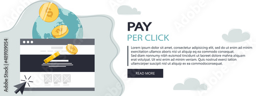 On line shopping and payment Methods. Mobile payments. Pay per click and online order. Flat vector illustration. Website banner	