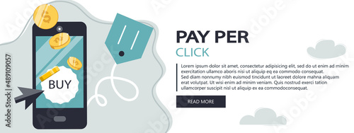 On line shopping and payment Methods. Mobile payments. Pay per click and online order. Flat vector illustration. Website banner	