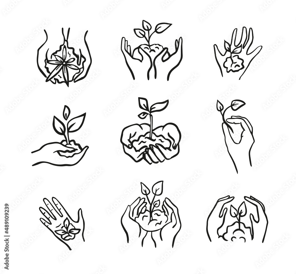 Ecology icons set ,Vector icons contains plant in hand, icons in minimalist style.Enviromental theme in doodle.Vector illustration.Hand save the earth and plants.