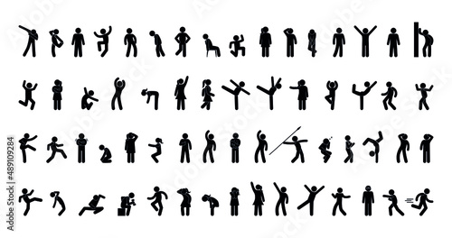 large set of stickman, various human poses and gestures, men and women icons, people stand, run, jump, dance and play sports