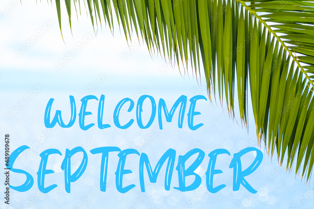 Obraz premium Welcome September text on the background with palm leaf and blue sea. Template of a greeting card, postcard or advertisement of a tour agency. 