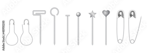realistic collection of safety pin isolated on white background, safety pin with an open and closed shape in silver.
