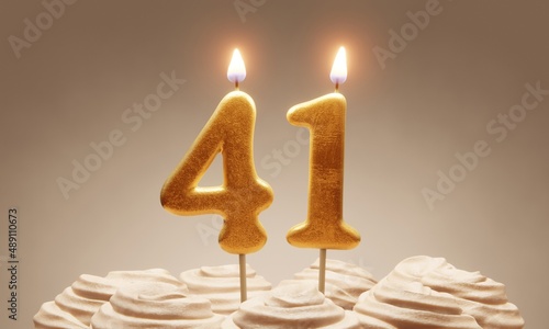 41st birthday or anniversary celebration. Lit golden number candles on cake with icing in neutral tones. 3D rendering photo