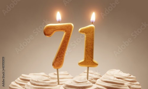 71st birthday or anniversary celebration. Lit golden number candles on cake with icing in neutral tones. 3D rendering photo