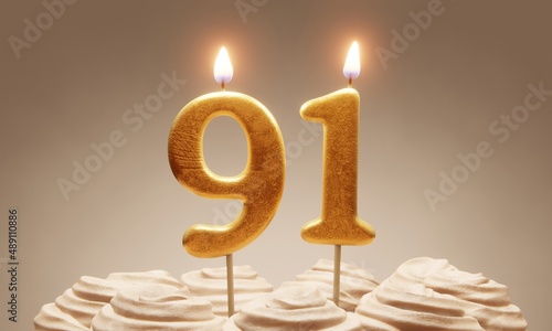 91st birthday or anniversary celebration. Lit golden number candles on cake with icing in neutral tones. 3D rendering photo