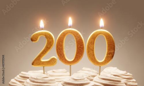 200th anniversary or milestone celebration. Lit golden number candles on cake with icing in neutral tones. 3D rendering photo