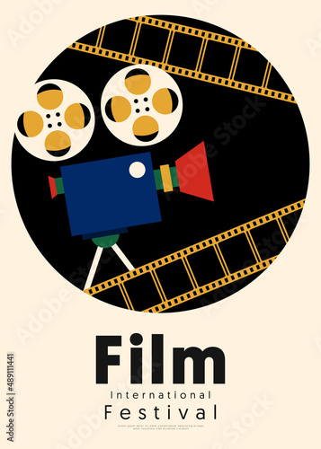 Movie and film poster design template background with vintage camera