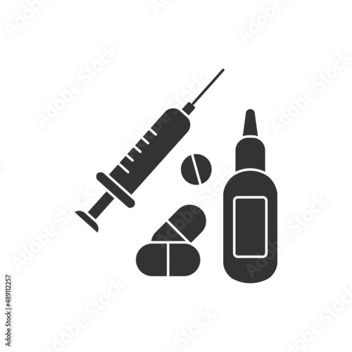  Treatment glyph icon. Injections, pills and drugs, nasal spray.Special treatment things. Medical service.Medical devices concept.Filled flat sign. Isolated silhouette vector illustration
