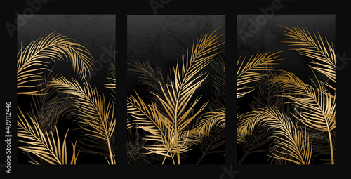 Luxury dark art background with golden palm leaves. Vector botanical set with tropical plants for decoration, design, wallpaper
