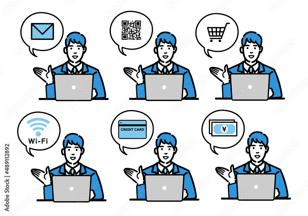 ラップトップの前で説明をしているスーツを着た若い男性のセット
