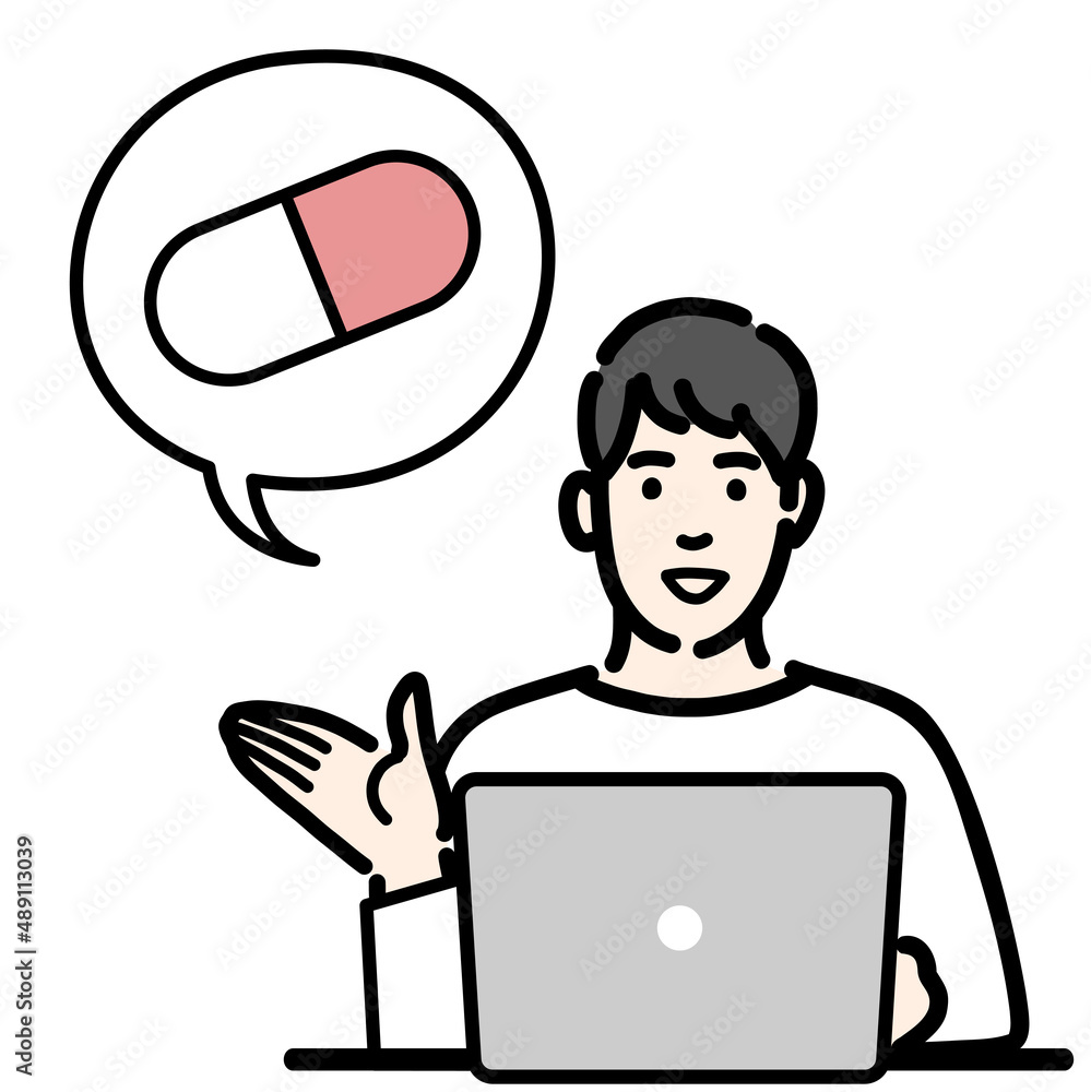 ラップトップの前で薬の説明をしている若い男性
ラップトップの前で薬の説明をしている若い男性