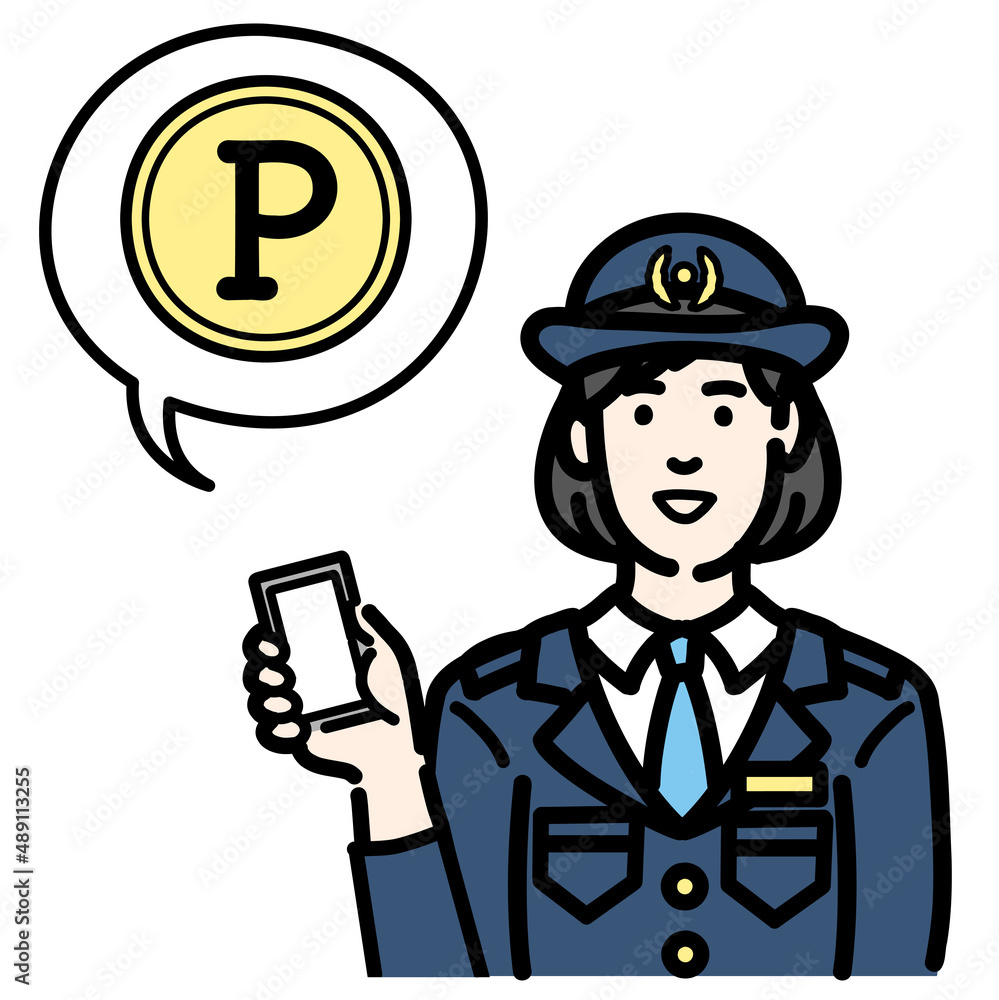 スマートフォンを持ってポイントの説明をしている警察官の女性
