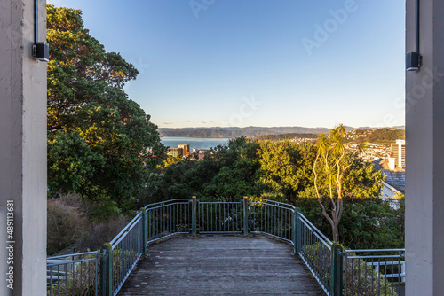 View of Wellington Harbour from the top of Wellington cable car tracks on the Botanic Garden, New Zealand