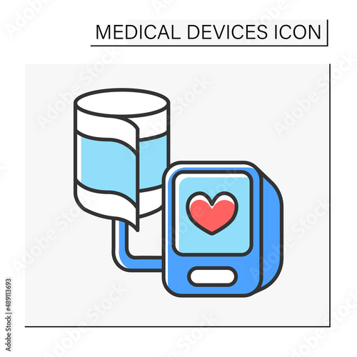  Blood pressure monitor color icon. Spirometer, pulse oximeter. Records health data. Medical devices concept. Isolated vector illustration