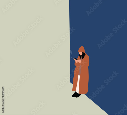 Woman smoking cigarettes outdoors using cell phones and smart phone app for social media. technology and nicotine addiction concept. Vector illustration.
