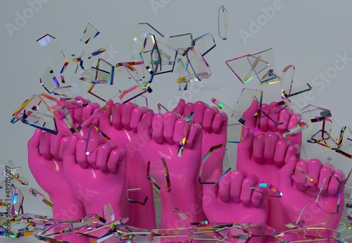 3D illustration of raised pink fists. Concept of feminist movement.