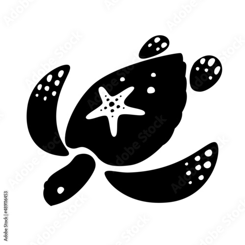 Black sea turtle drawing with starfish on back, turtle symbol swimming on white background.