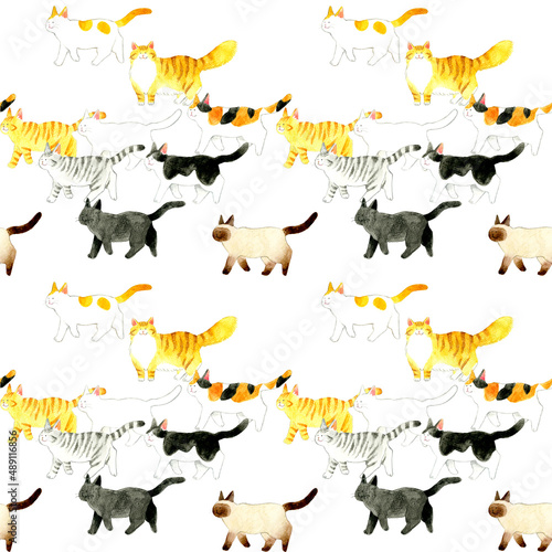 Fototapeta Naklejka Na Ścianę i Meble -  かわいい猫のシームレスパターン　動物柄の手描き水彩イラスト背景素材