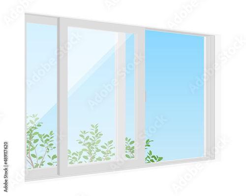 Vector illustration of window with grass and sky isolated on background.