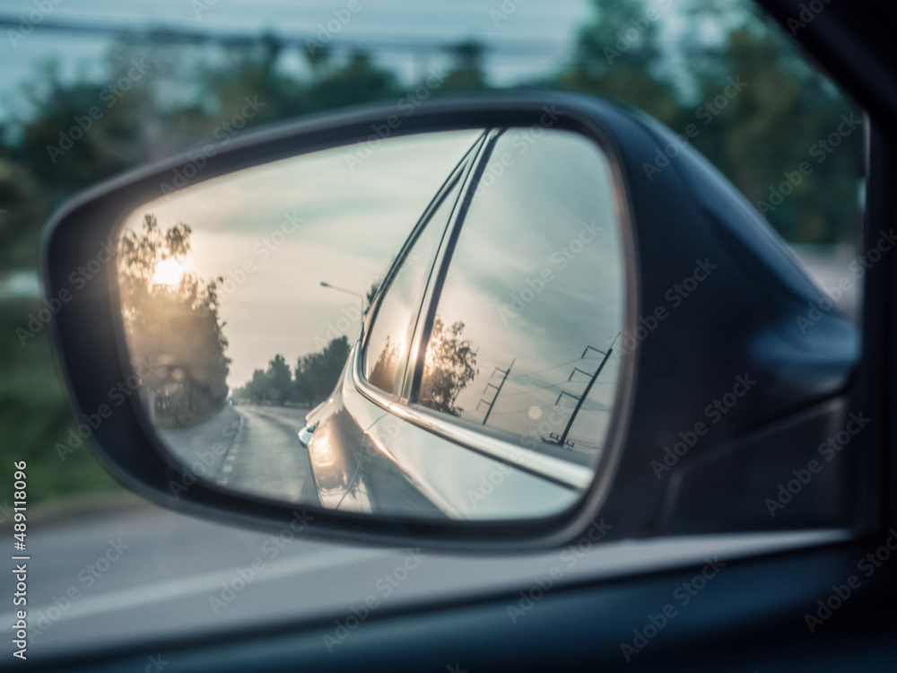 Outdoor car drive mirror glass view automobile speed street road highway traffic landscape mountain sky travel journey trip vacation sunset natural happy holiday summer season beautiful concept