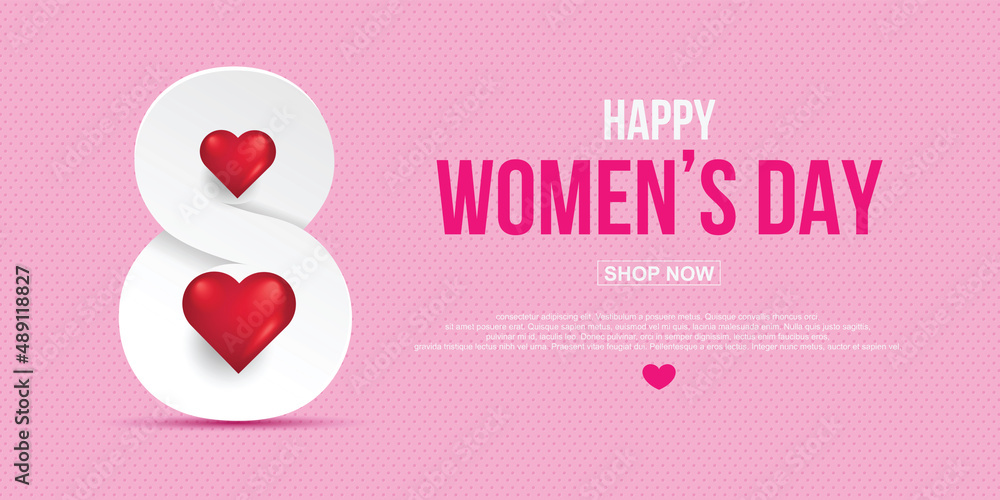 8 March International Women's Day. Happy Mother's Day. holiday background number 8 march paper cut style  and red hearts , Pink background. posters, gift cards, discounts and sales.