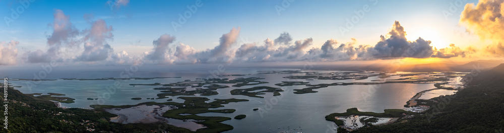 Panoramic aerial view of mangrove forests at sunset in Morrocoy National Park , Venezuela