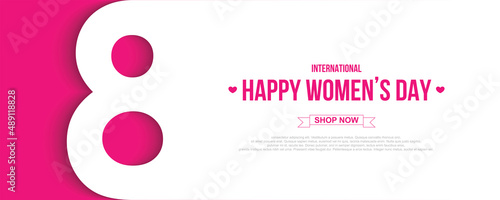 8 March symbol greeting card for International Womens Day. paper cut number 8 with shadow.On Pink background. Vector illustration.
