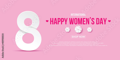 8 March International Women's Day. Happy Mother's Day. holiday background number 8 march paper cut style  with paper cut style flowers , Pink background. posters, gift cards, discounts and sales.