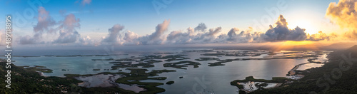 Panoramic aerial view of mangrove forests at sunset in Morrocoy National Park   Venezuela