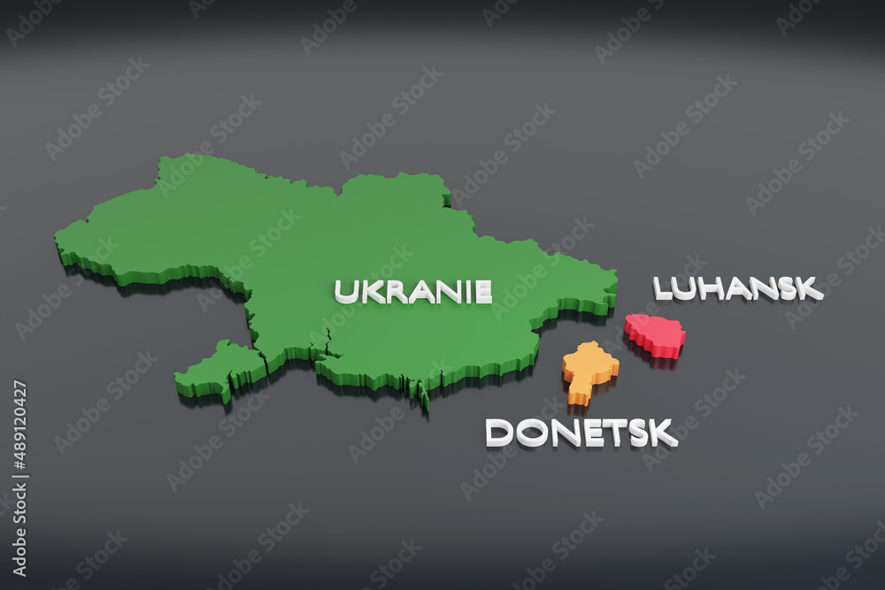 3d map of Ukraine and the two independent regions Donetsk and Luhansk. 3d illustration.