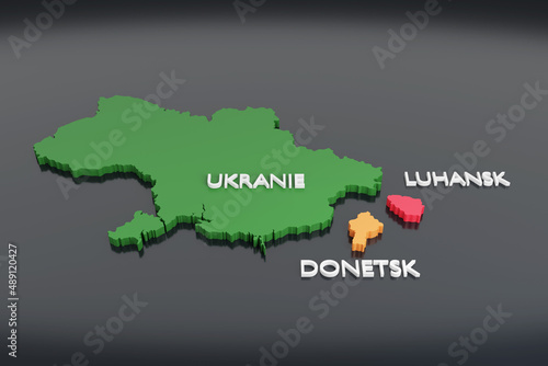 3d map of Ukraine and the two independent regions Donetsk and Luhansk. 3d illustration. photo