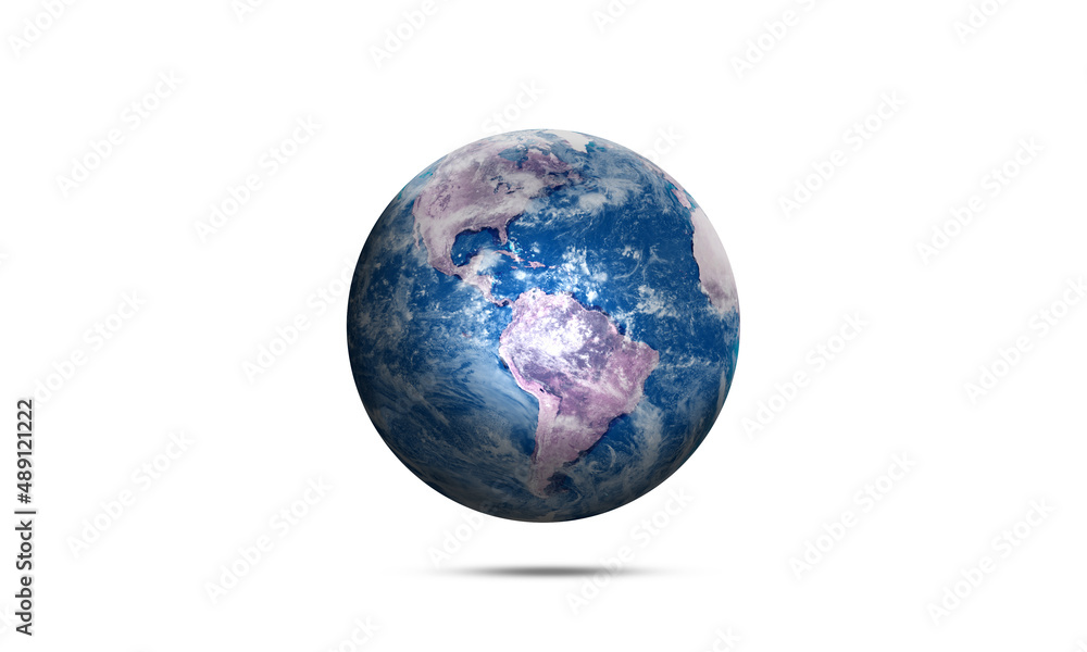 Realistic Earth Planet America Continent with Blue Atlantic Ocean.   3d Sphere map for science and Geography  isolated on white Background.