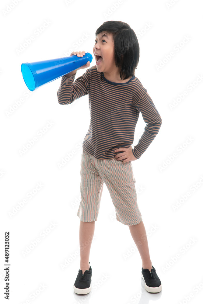 Cute Asian child with blue loudspeaker on white background isolated Cute Asian child with blue loudspeaker on white background isolated