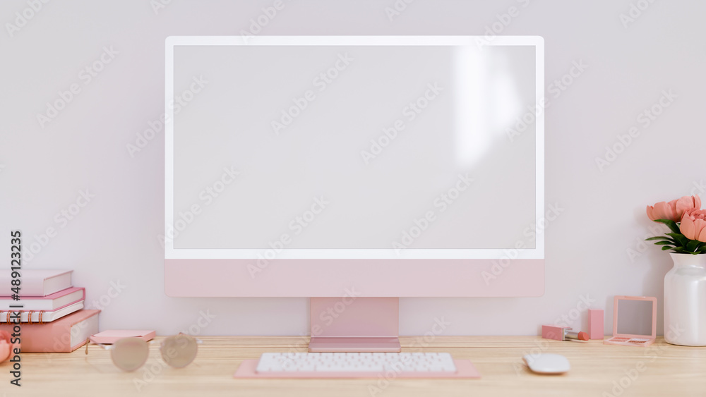 Stylish workspace with modern pink desktop computer mockup Stock Photo ...