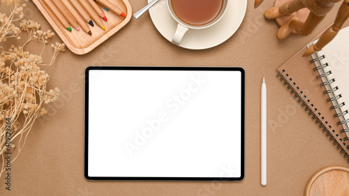 Minimal workspace compositions with digital tablet white screen mockup