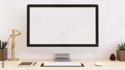 Minimal office desk workspace with pc computer desktop mockup