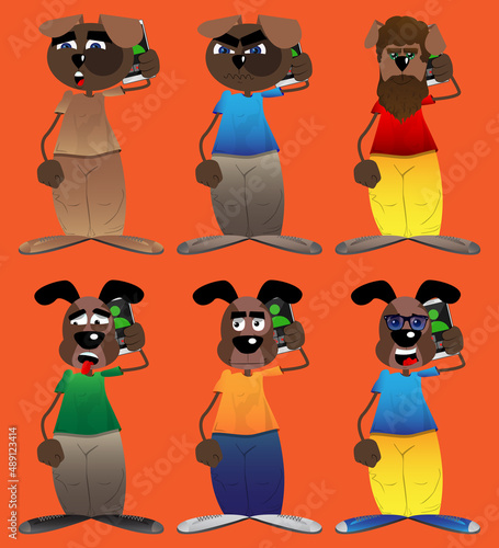 Funny cartoon dog talking on cell phone. Vector illustration. Mobile Communication Concept.