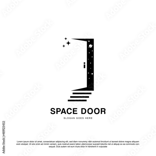 Creative space door logo design, Door with stairs and universe