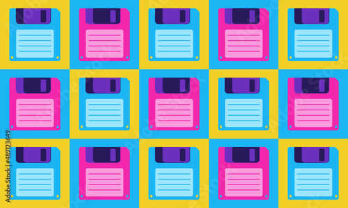 Illustration Vector Graphic of 90s Nostalgia Floppy Disk Pattern Background. Suitable for multipurpose graphic asset.