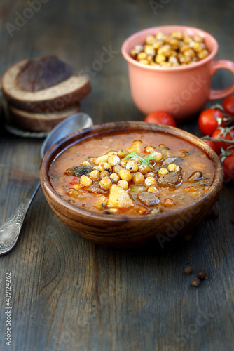 CHICKPEA AND BEEF STEW, soup with chickpeas and meat, hearty chowder, latin cuisine