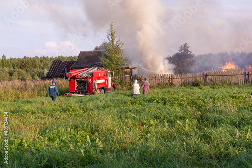 A fire in the village. Burning wooden houses in the village of Rantsevo, Tver region. 