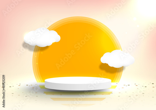 Empty podium for product display with the summer scene background. Abstract backdrop decor with sun and clouds. Vector illustration.